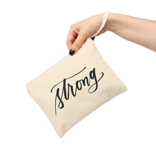 Black Script "Strong" Calligraphy Printed Accessory Zipper Pouch