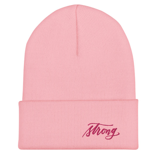 Embroidered Pink Script "Strong" Calligraphy on Pink or White Cuffed Beanie