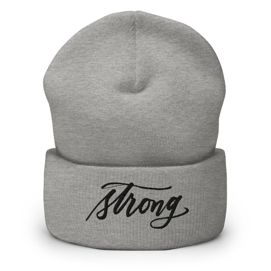 Embroidered Black Script "Strong" Calligraphy on Black or Grey Cuffed Beanie