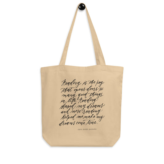 "Reading is Key" Ruth Bader Ginsburg RBG Quote Calligraphy Printed Certified Organic Cotton Canvas Medium Eco Tote Bag