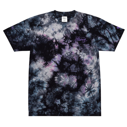 Embroidered Purple "Strong" Calligraphy Oversized Tie-Dye T-Shirt