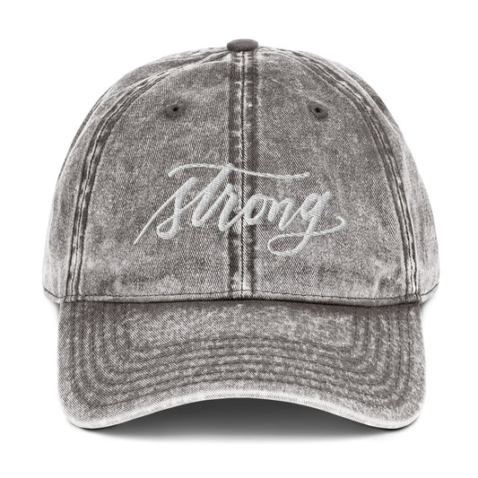 Embroidered Light Gray Script "Strong" Calligraphy Vintage Cotton Twill Cap