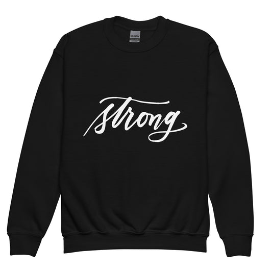 White Script "Strong" Calligraphy Printed on Kids' Crewneck Sweatshirt (Youth Sizes)