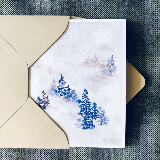 Blue Watercolor Snowy Mountains Winter Holiday Card